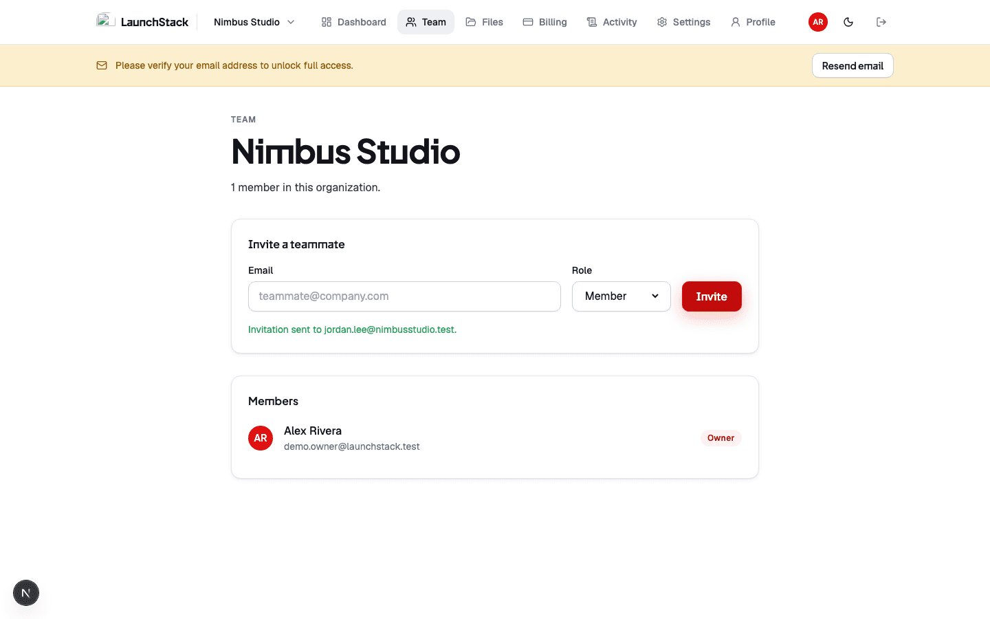 Team management with roles and a pending invitation